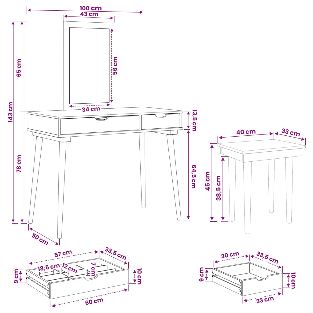 vidaXL Zestaw toaletki FAUSKE 3 pcs Biały 100 x 50 x 143 cm