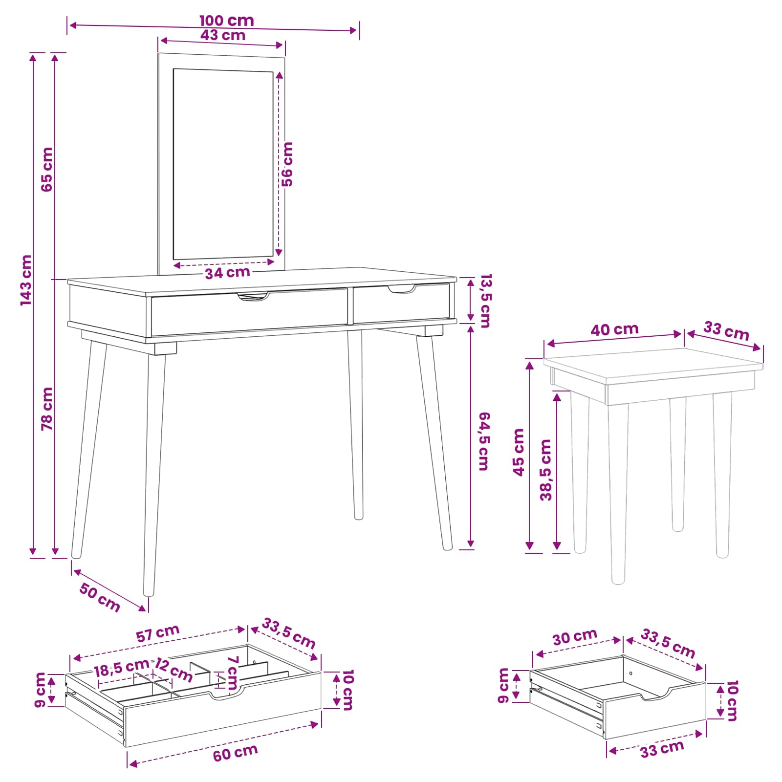 vidaXL Zestaw toaletki FAUSKE 3 pcs Biały 100 x 50 x 143 cm
