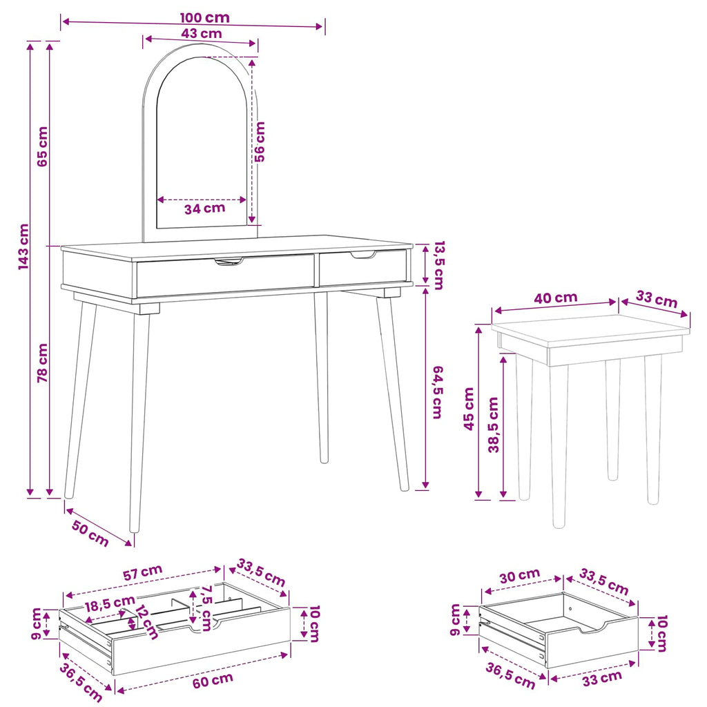 vidaXL Zestaw toaletki FAUSKE 3 pcs Biały 100 x 50 x 143 cm