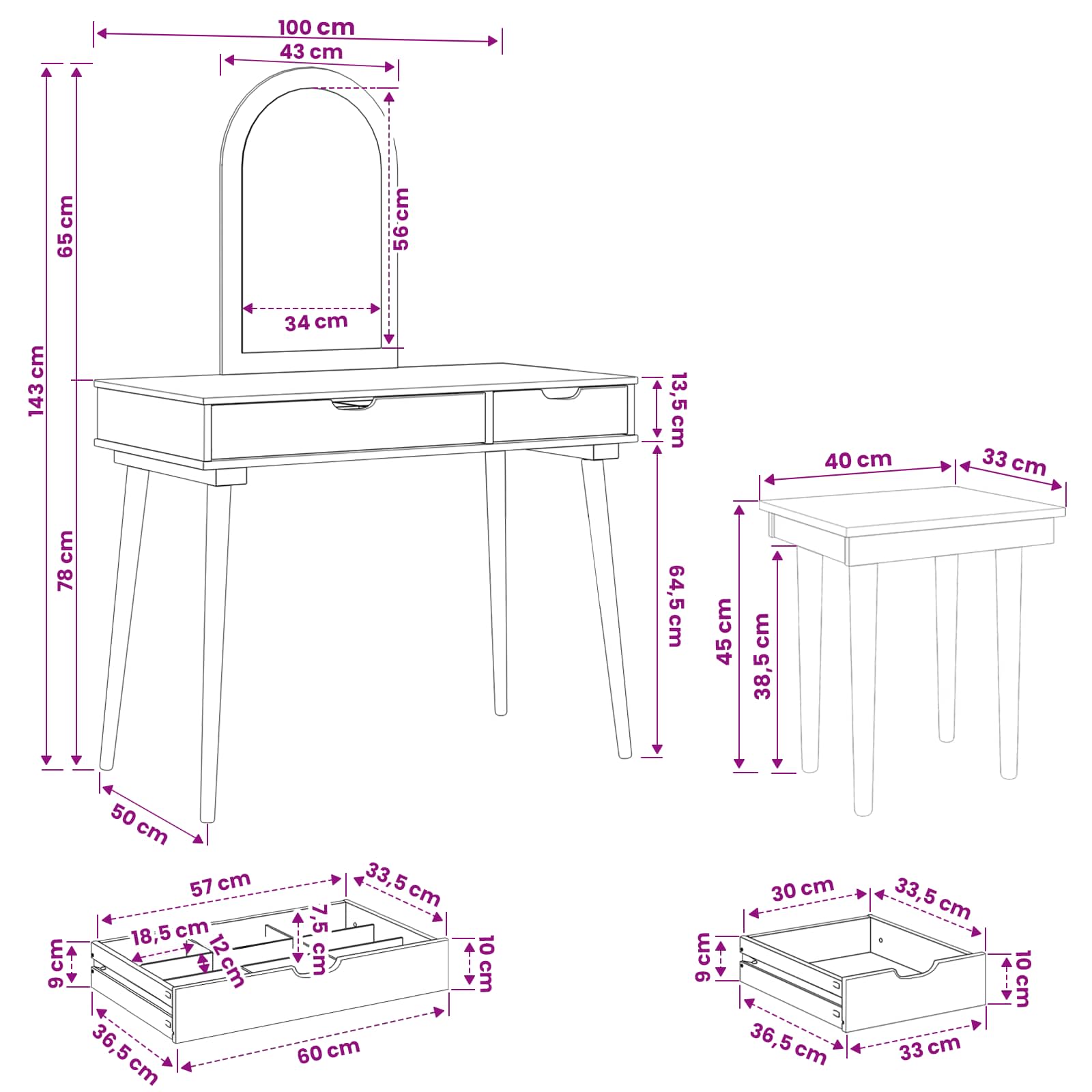 vidaXL Zestaw toaletki FAUSKE 3 pcs Biały 100 x 50 x 143 cm