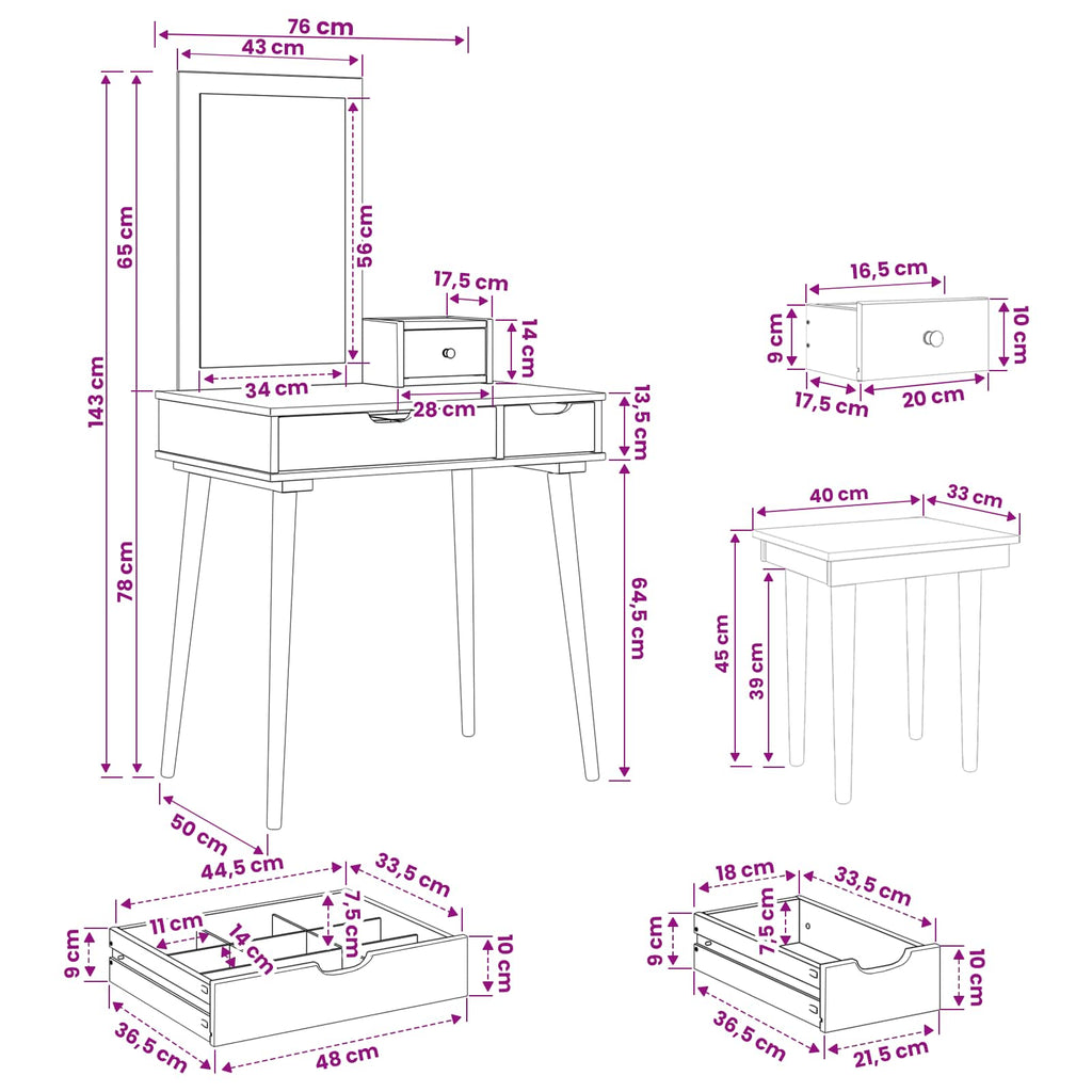 vidaXL Zestaw toaletki FAUSKE 4 pcs Biały 76 x 50 x 143 cm