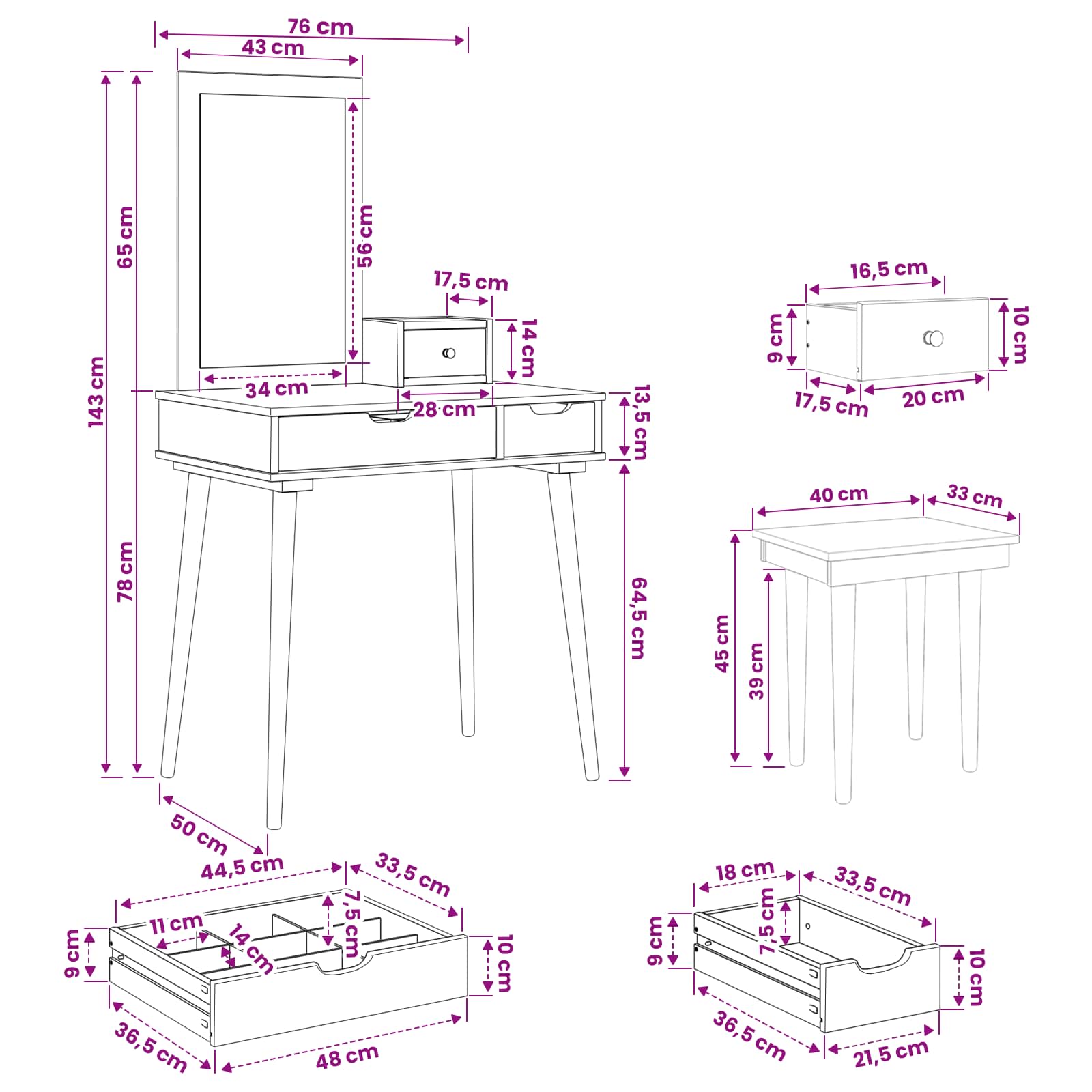 vidaXL Zestaw toaletki FAUSKE 4 pcs Biały 76 x 50 x 143 cm