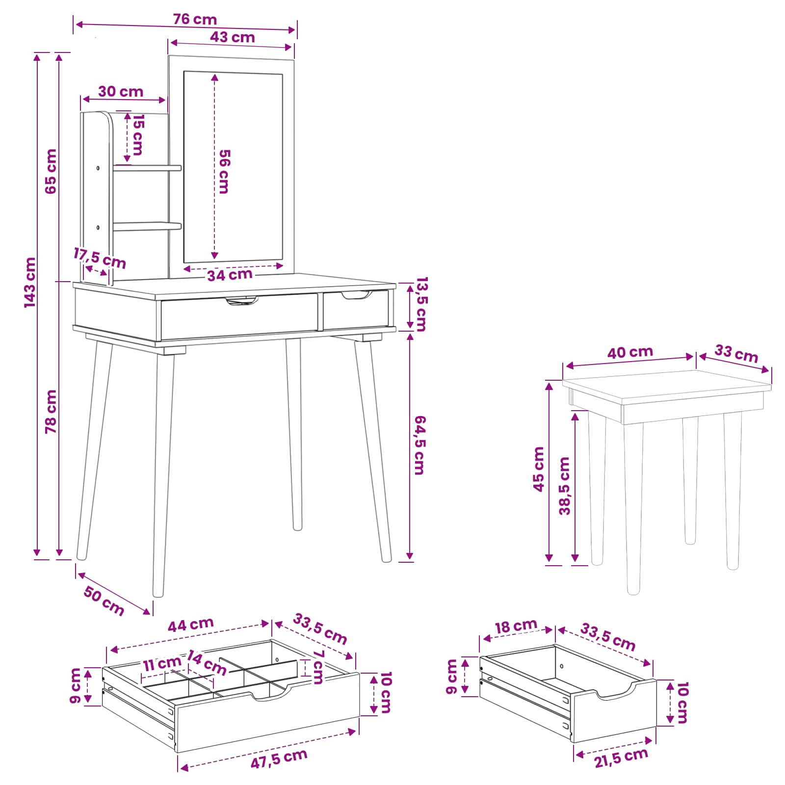 vidaXL Zestaw toaletki FAUSKE 4 pcs Biały 76 x 50 x 143 cm