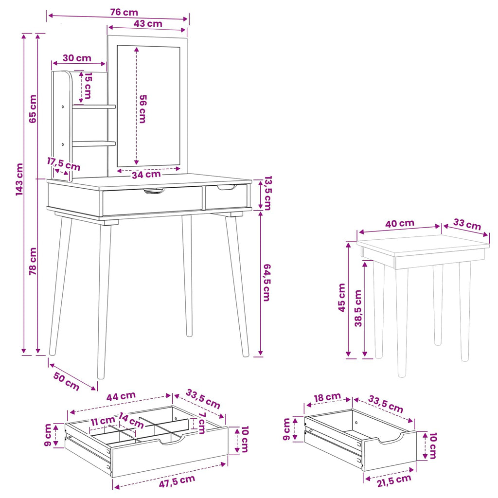 vidaXL Zestaw toaletki FAUSKE 4 pcs Biały 76 x 50 x 143 cm