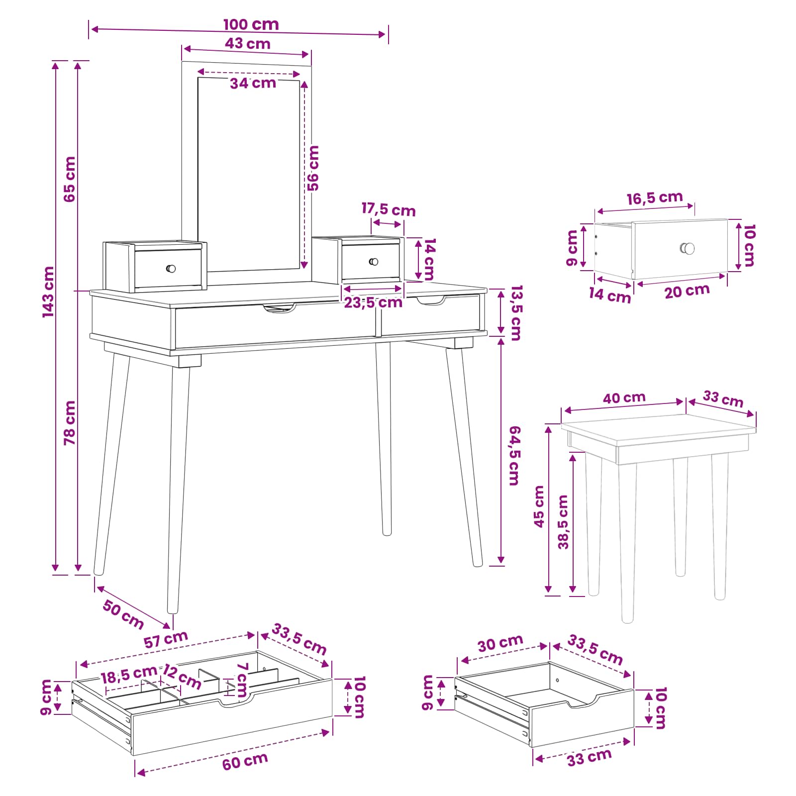 vidaXL Zestaw toaletki FAUSKE 5 pcs Biały 100 x 50 x 143 cm