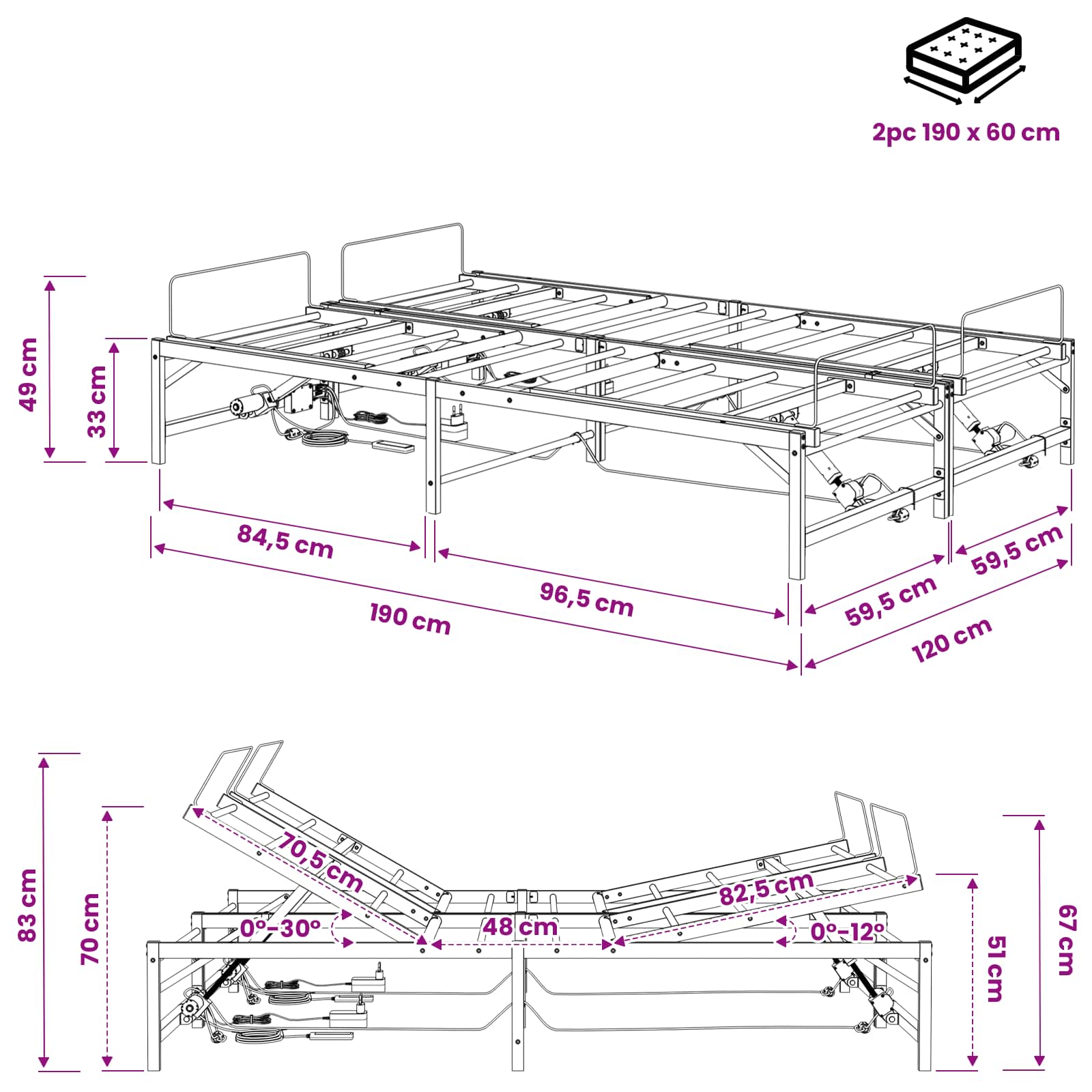 vidaXL Elektro Regulowany Stelaż Łóżka Czarny 120 x 190 cm Stal