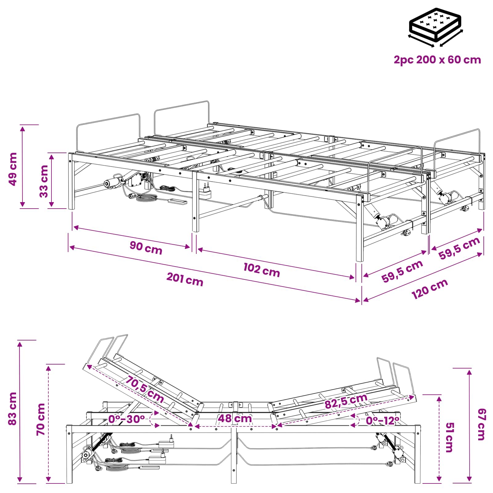 vidaXL Elektro Regulowany Stelaż Łóżka Czarny 120 x 200 cm Stal