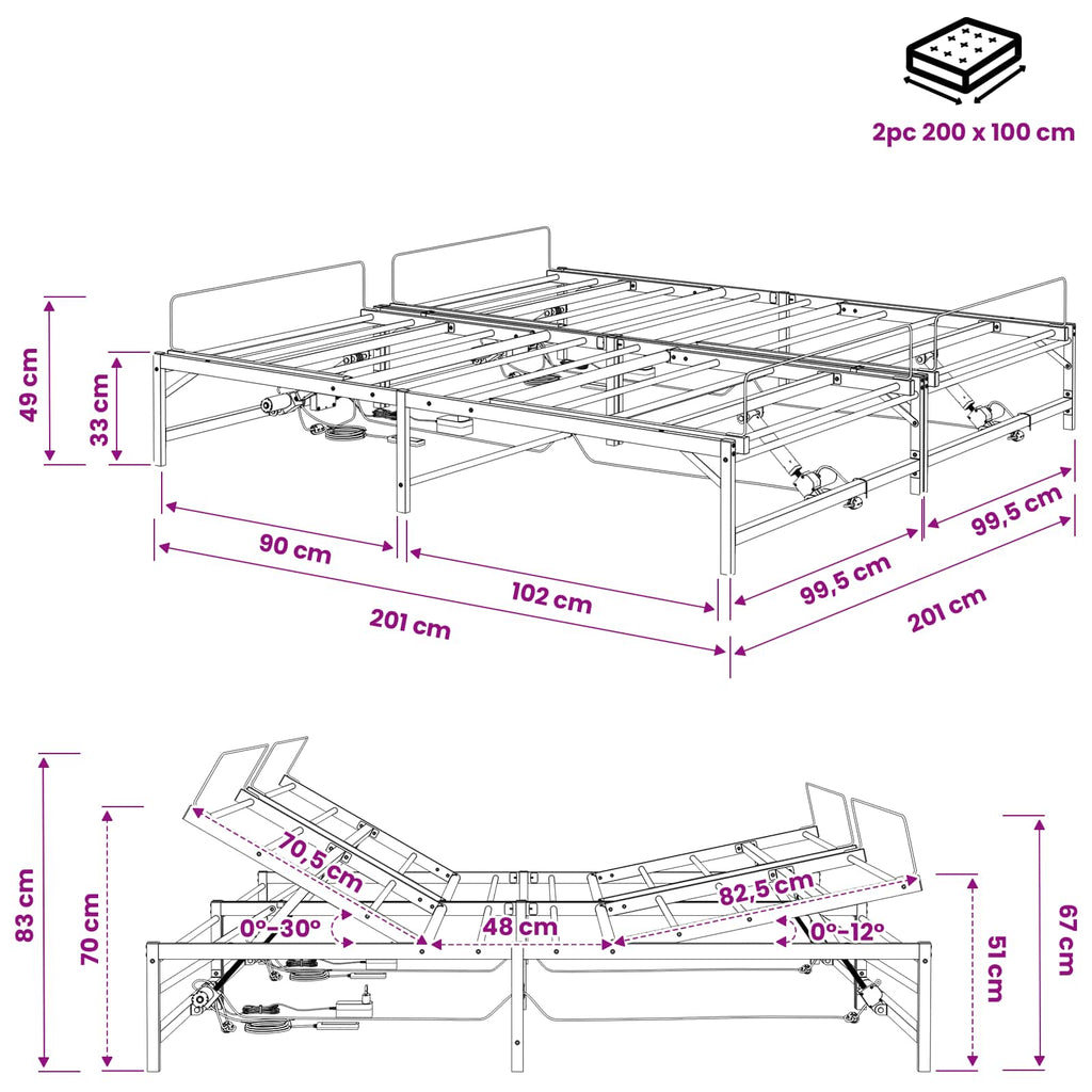 vidaXL Elektro Regulowany Stelaż Łóżka Czarny 200 x 200 cm Stal