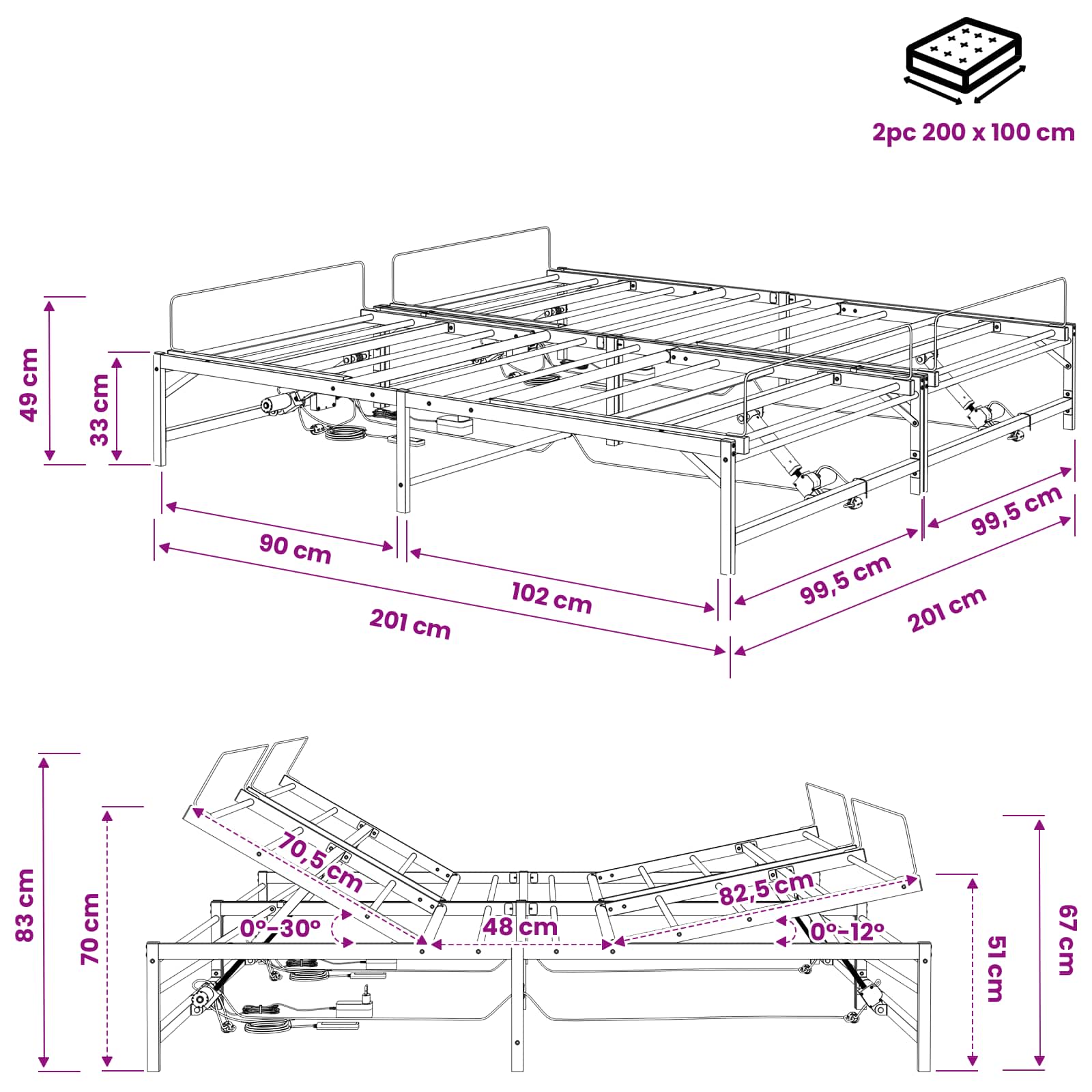 vidaXL Elektro Regulowany Stelaż Łóżka Czarny 200 x 200 cm Stal
