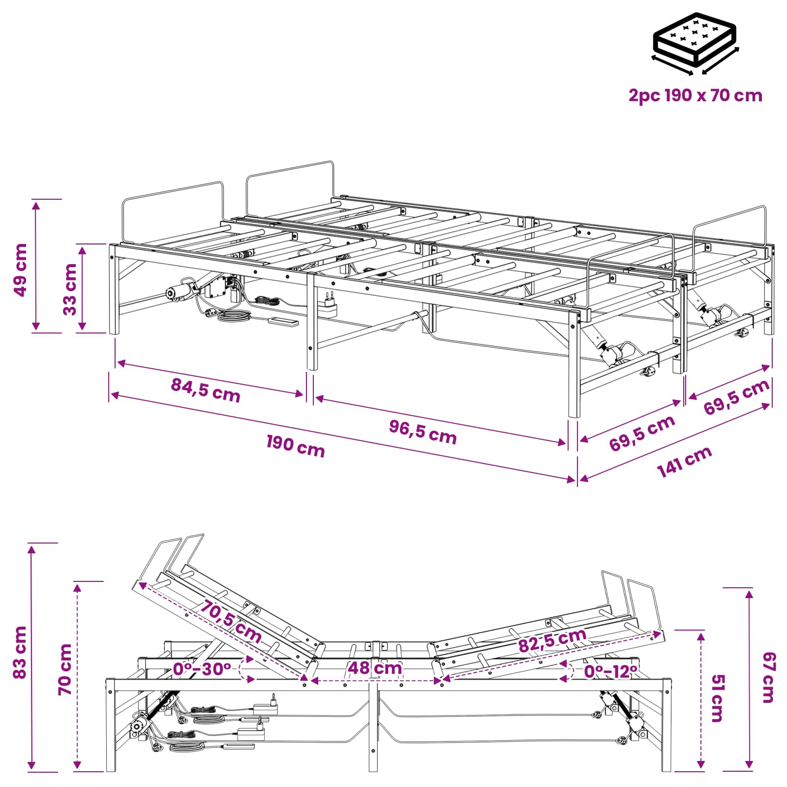 vidaXL Elektro Regulowany Stelaż Łóżka Biały 140 x 190 cm Stal