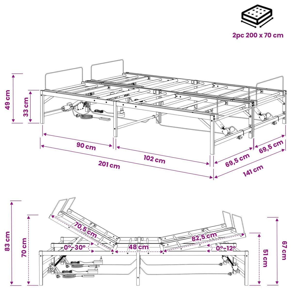vidaXL Elektro Regulowany Stelaż Łóżka Biały 140 x 200 cm Stal