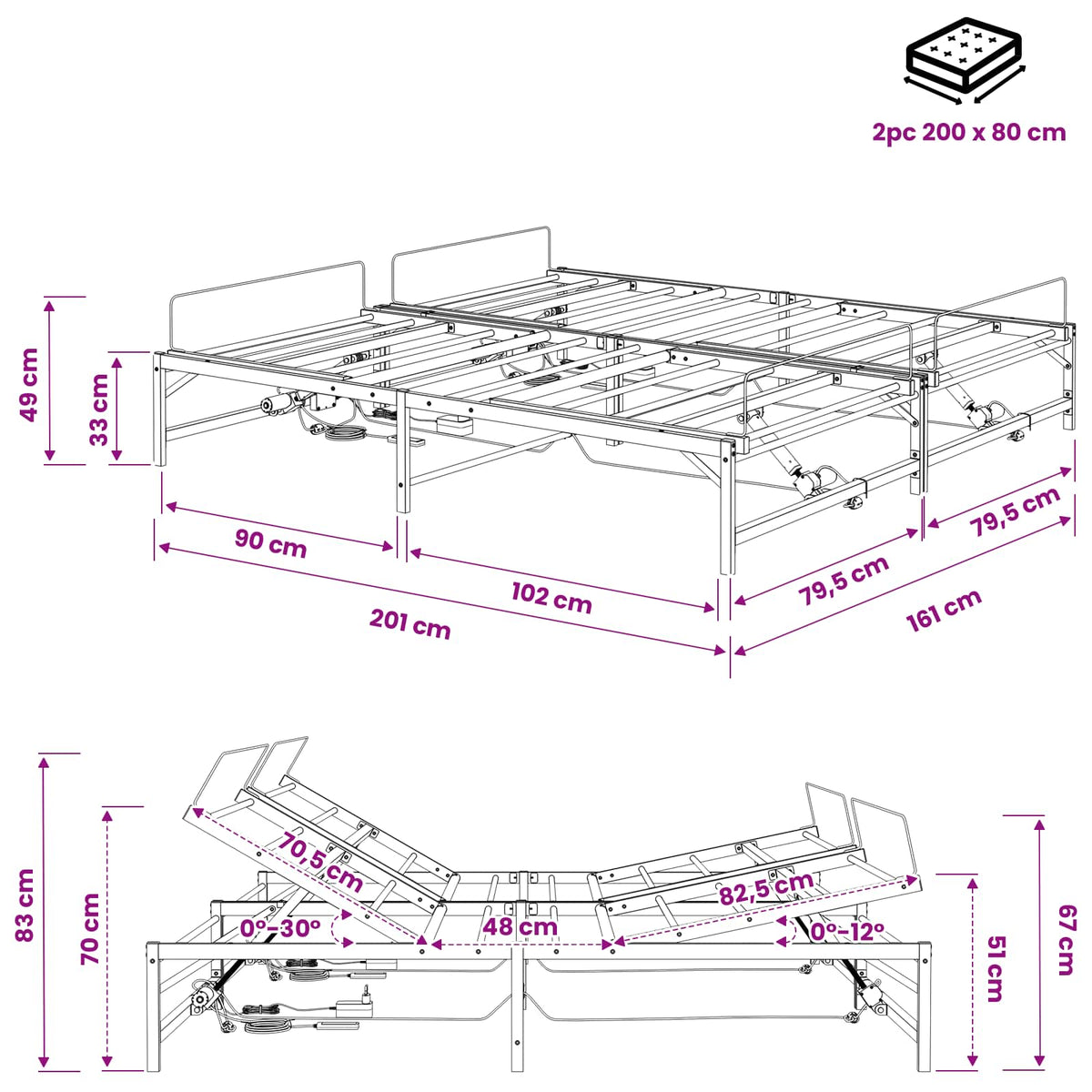 vidaXL Elektro Regulowany Stelaż Łóżka Biały 160 x 200 cm Stal
