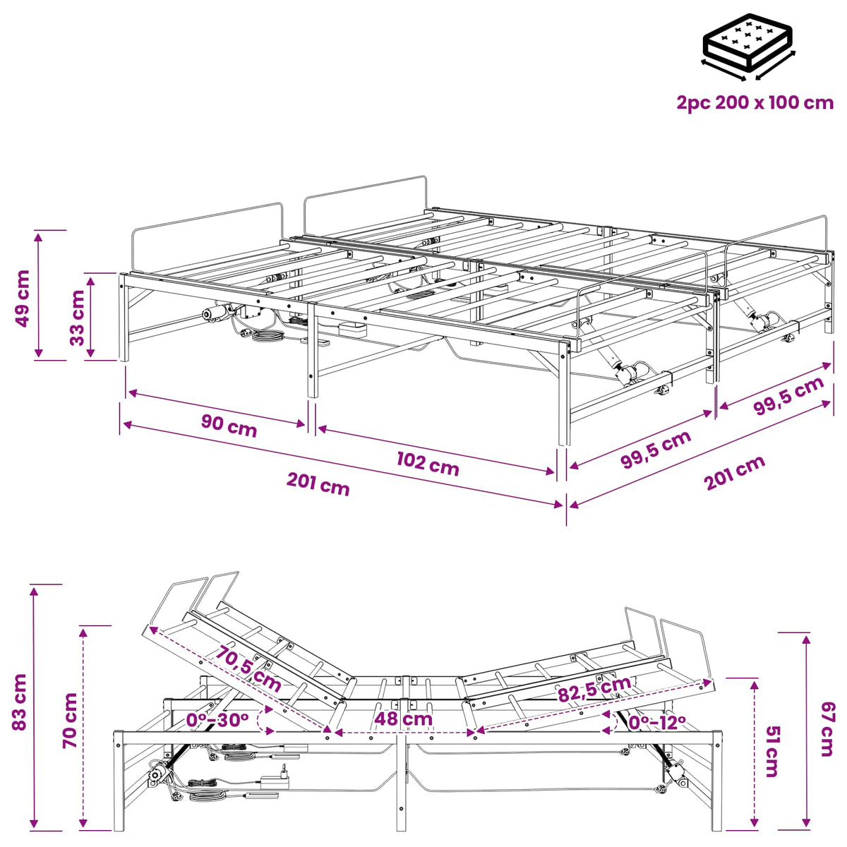 vidaXL Elektro Regulowany Stelaż Łóżka Biały 200 x 200 cm Stal