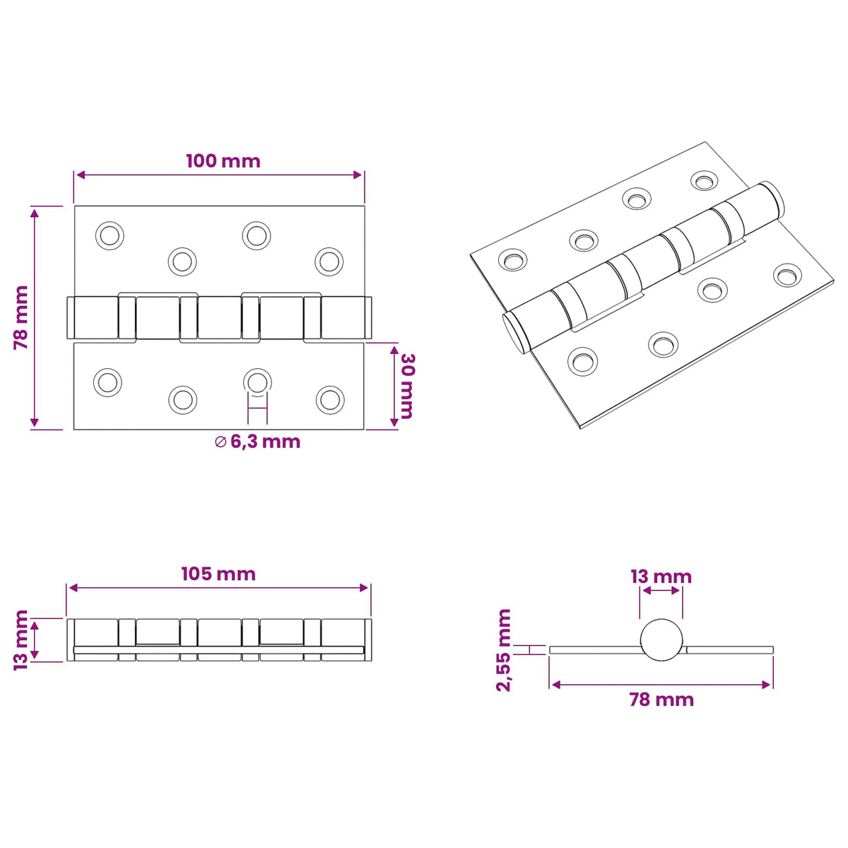 vidaXL Zawias 4 szt. 100 x 78 x 13 mm srebrny Stal