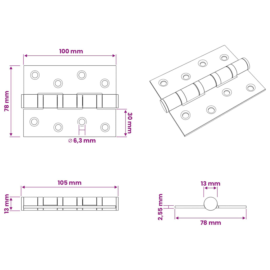 vidaXL Zawias 8 szt. 100 x 78 x 13 mm srebrny Stal