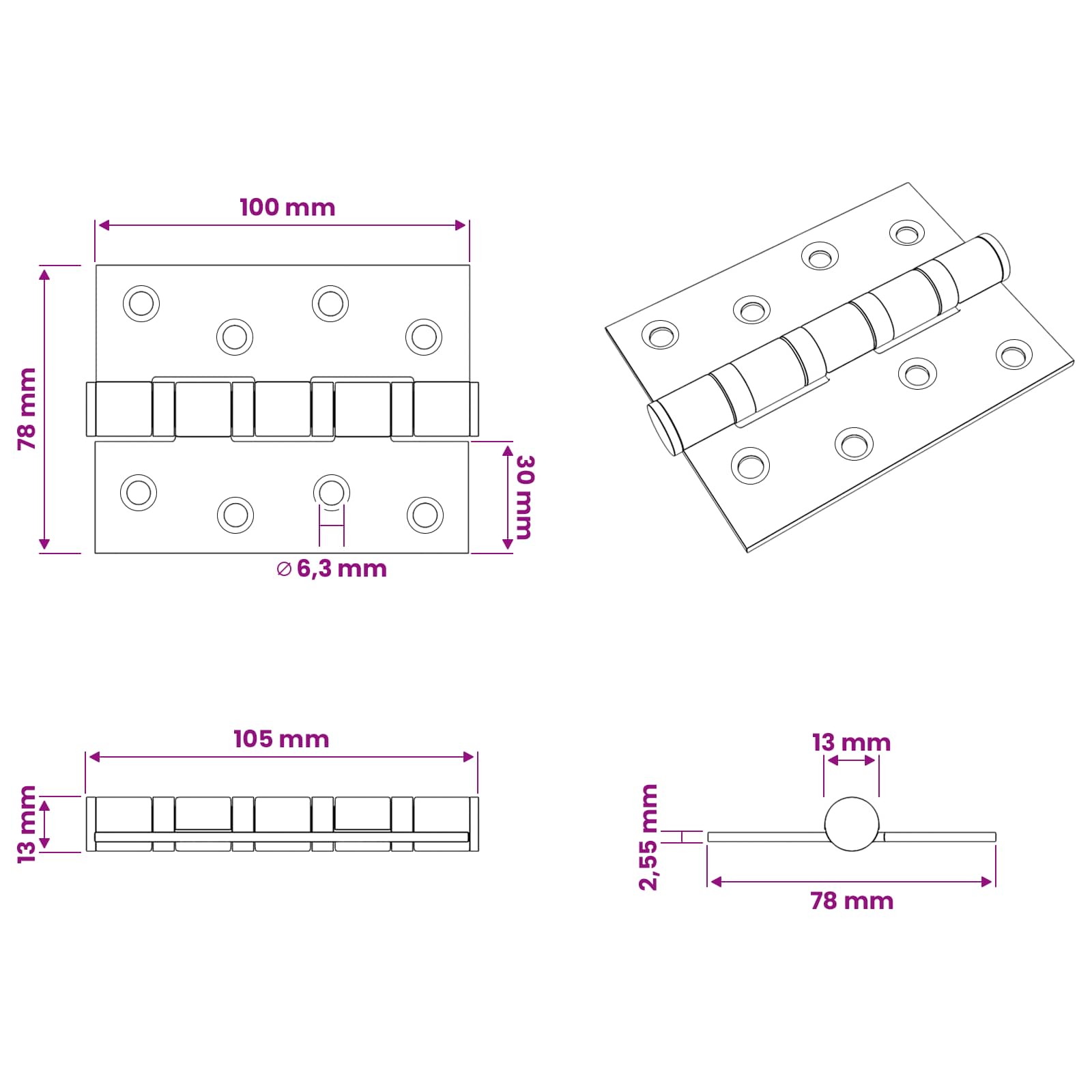 vidaXL Zawias 8 szt. 100 x 78 x 13 mm srebrny Stal
