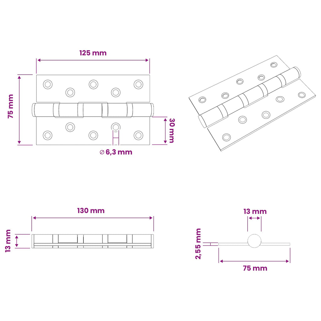 vidaXL Zawias 8 szt. 125 x 75 x 13 mm srebrny Stal