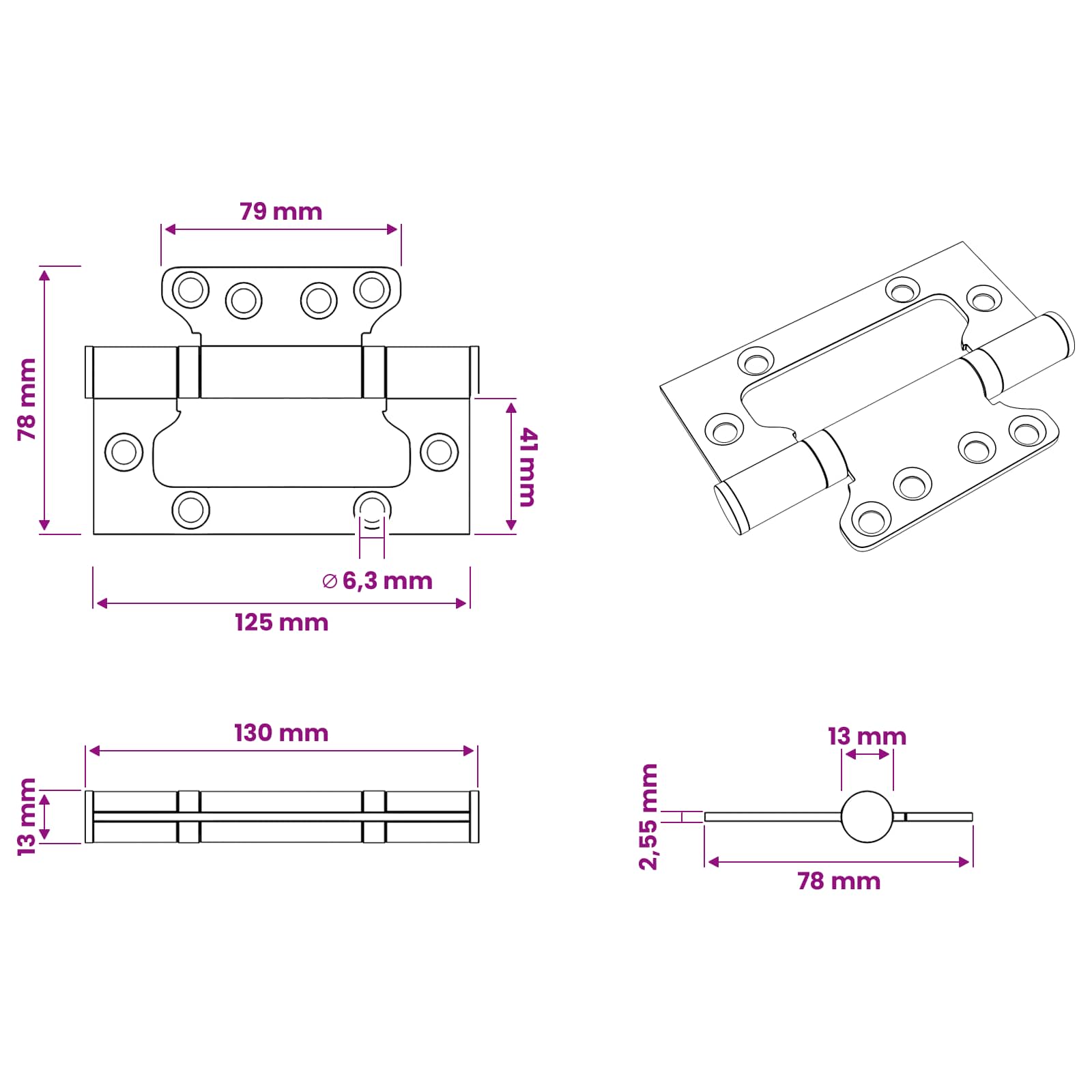 vidaXL Zawias 4 szt. 125 x 78 x 13 mm srebrny Stal