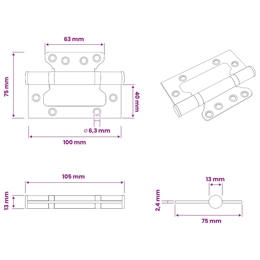 vidaXL Zawias 8 szt. 100 x 75 x 13 mm srebrny Stal