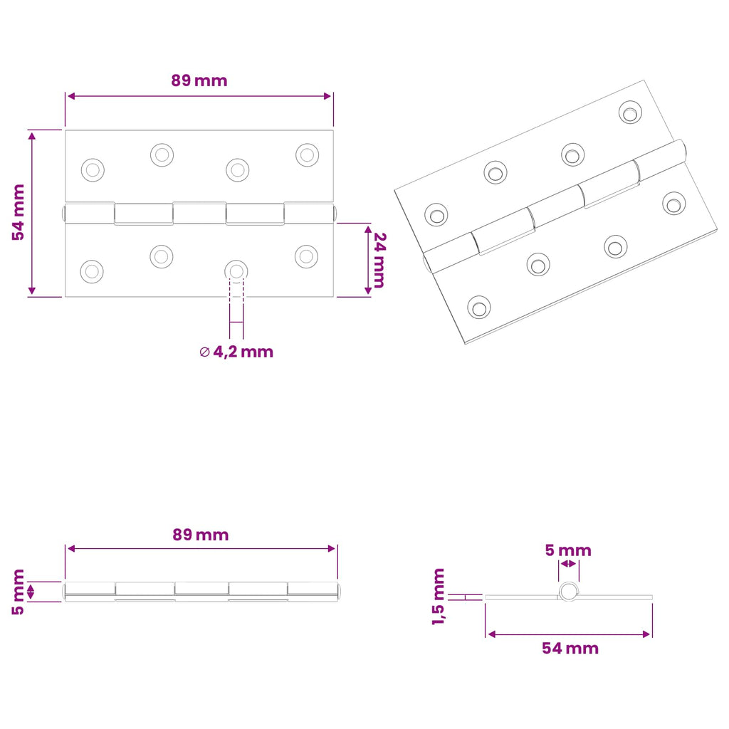 vidaXL Zawias 12 szt. 89 x 54 x 5 mm srebrny Stal