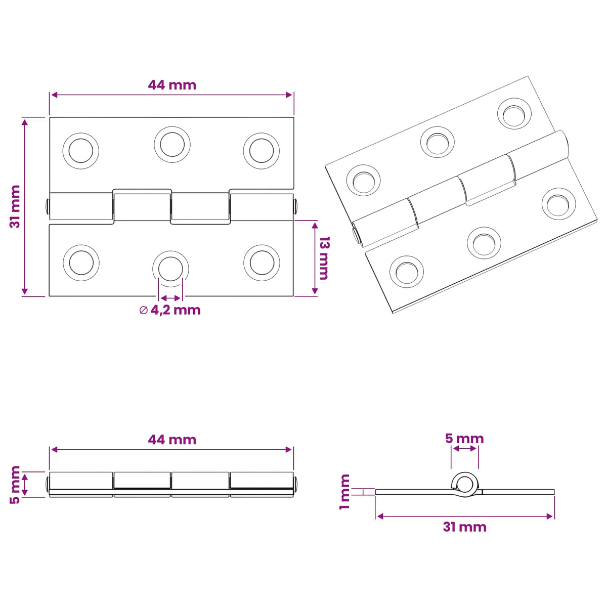 vidaXL Zawias 24 szt. 44 x 31 x 5 mm srebrny Stal