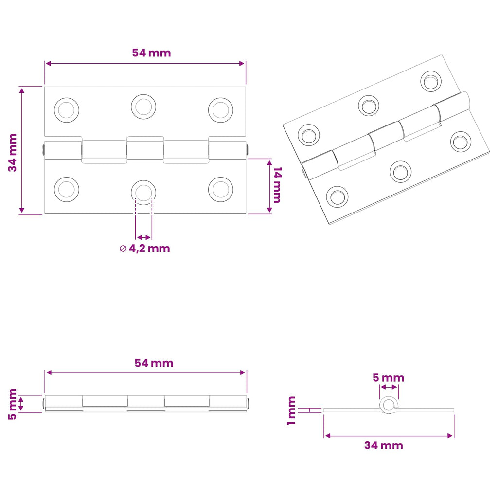 vidaXL Zawias 24 szt. 54 x 34 x 5 mm srebrny Stal