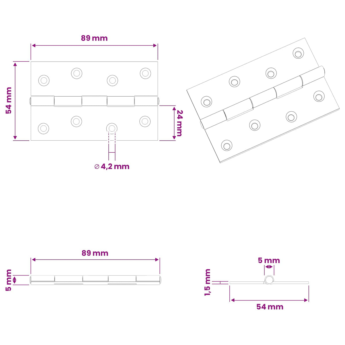 vidaXL Zawias 24 szt. 89 x 54 x 5 mm srebrny Stal