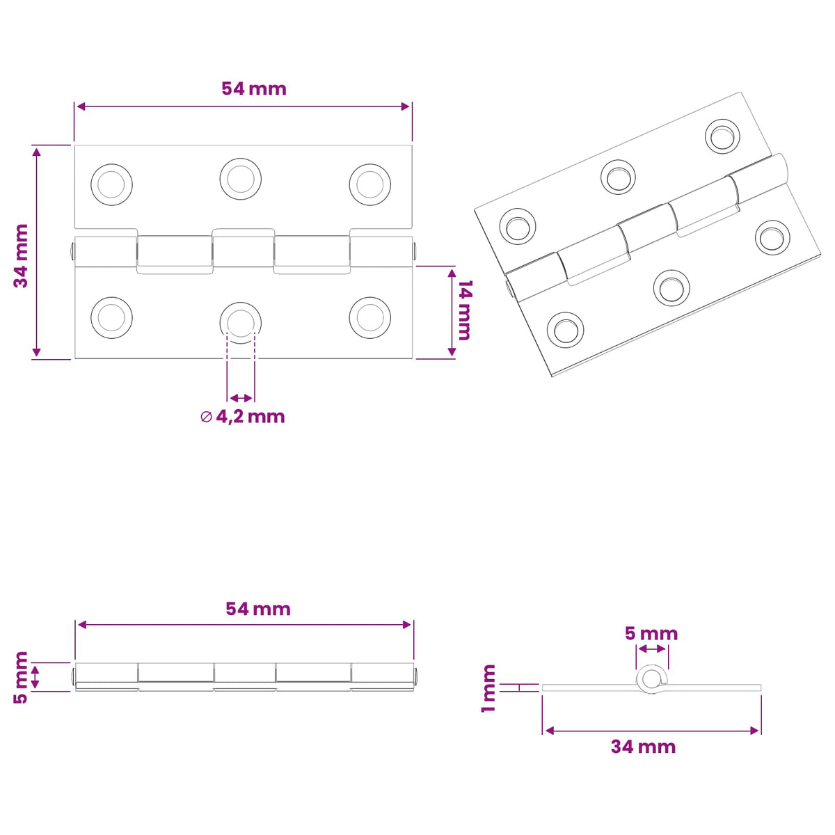 vidaXL Zawias 48 szt. 54 x 34 x 5 mm srebrny Stal