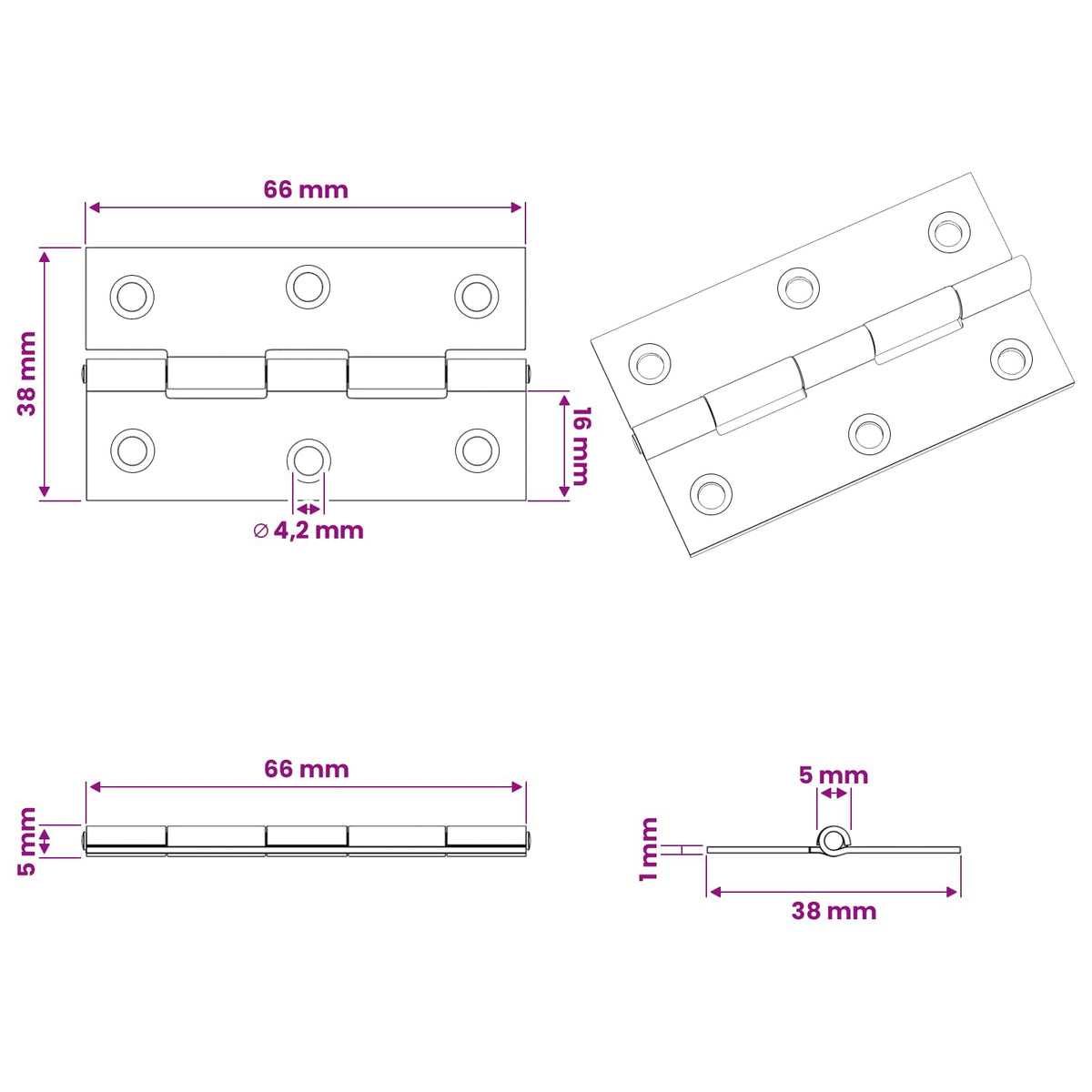 vidaXL Zawias 48 szt. 66 x 38 x 5 mm srebrny Stal