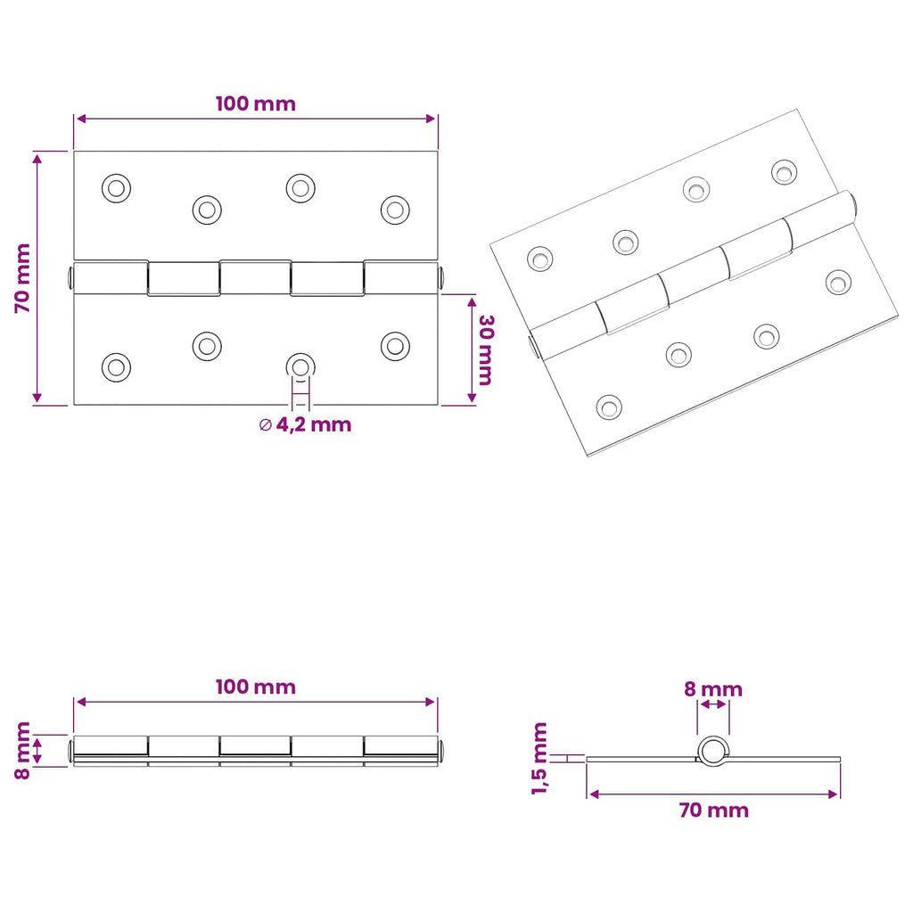 vidaXL Zawias 48 szt. 100 x 70 x 8 mm srebrny Stal
