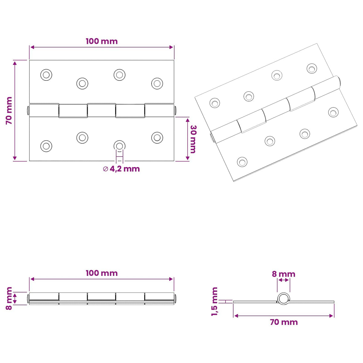 vidaXL Zawias 48 szt. 100 x 70 x 8 mm srebrny Stal