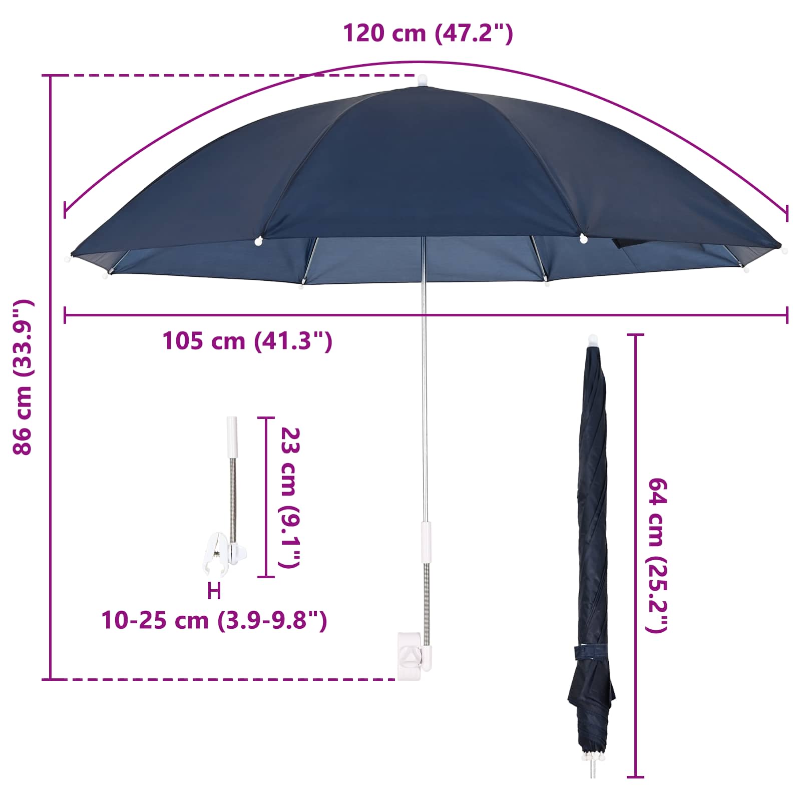 vidaXL Parasol z Klamrą 2 pcs Granatowy Ø 105 x 86 cm Poliester 170T