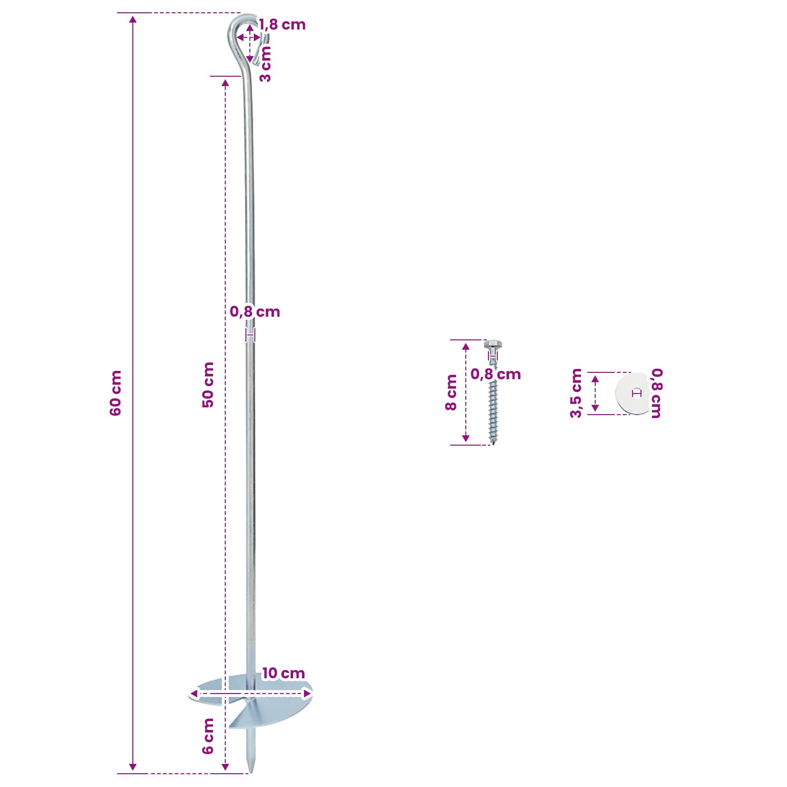 vidaXL Kotwa ziemna 4 pcs srebrny Ø10 x 60 cm Galwanizowany metal