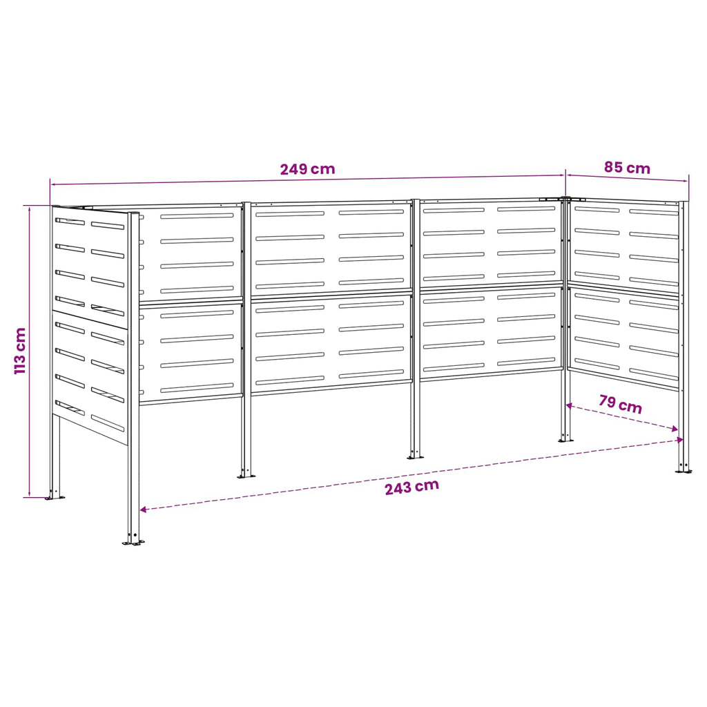 vidaXL Ekran na kosz na śmieci 249 x 85 x 113 cm Stal Czarny