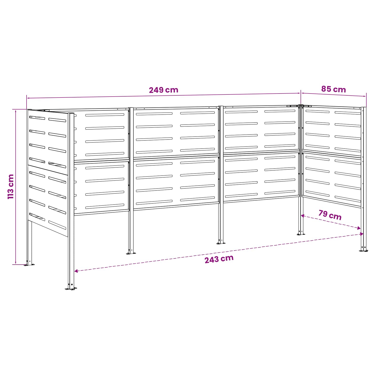 vidaXL Ekran na kosz na śmieci 249 x 85 x 113 cm Stal Czarny