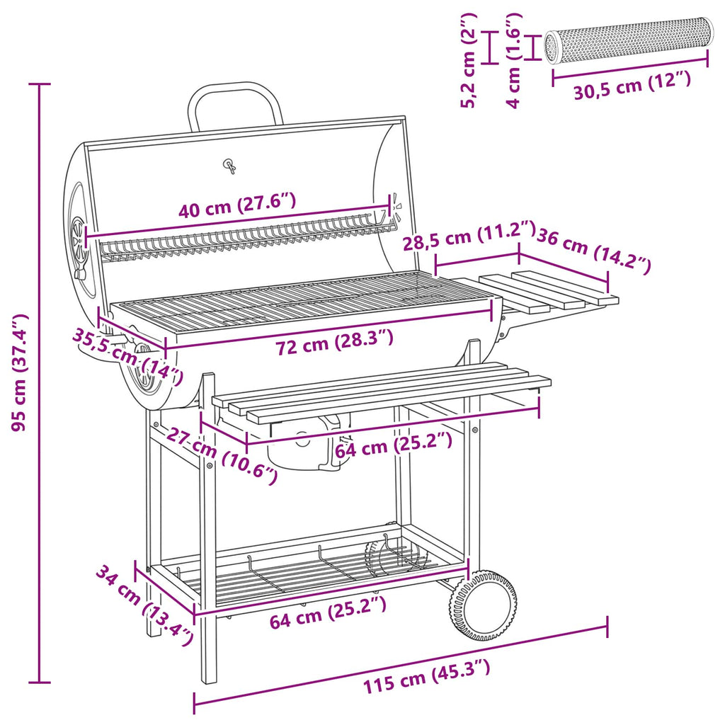 vidaXL Grill beczkowy na kółkach z półkami 3 pcs 115 x 85 x 95 cm