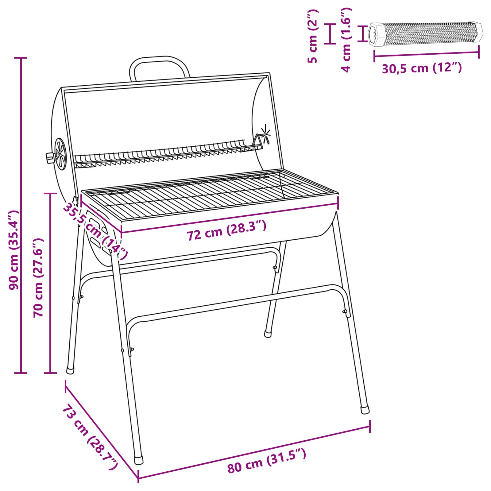 vidaXL Grill beczkowy z 2 rusztami do gotowania 3 pcs 80 x 73 x 90 cm