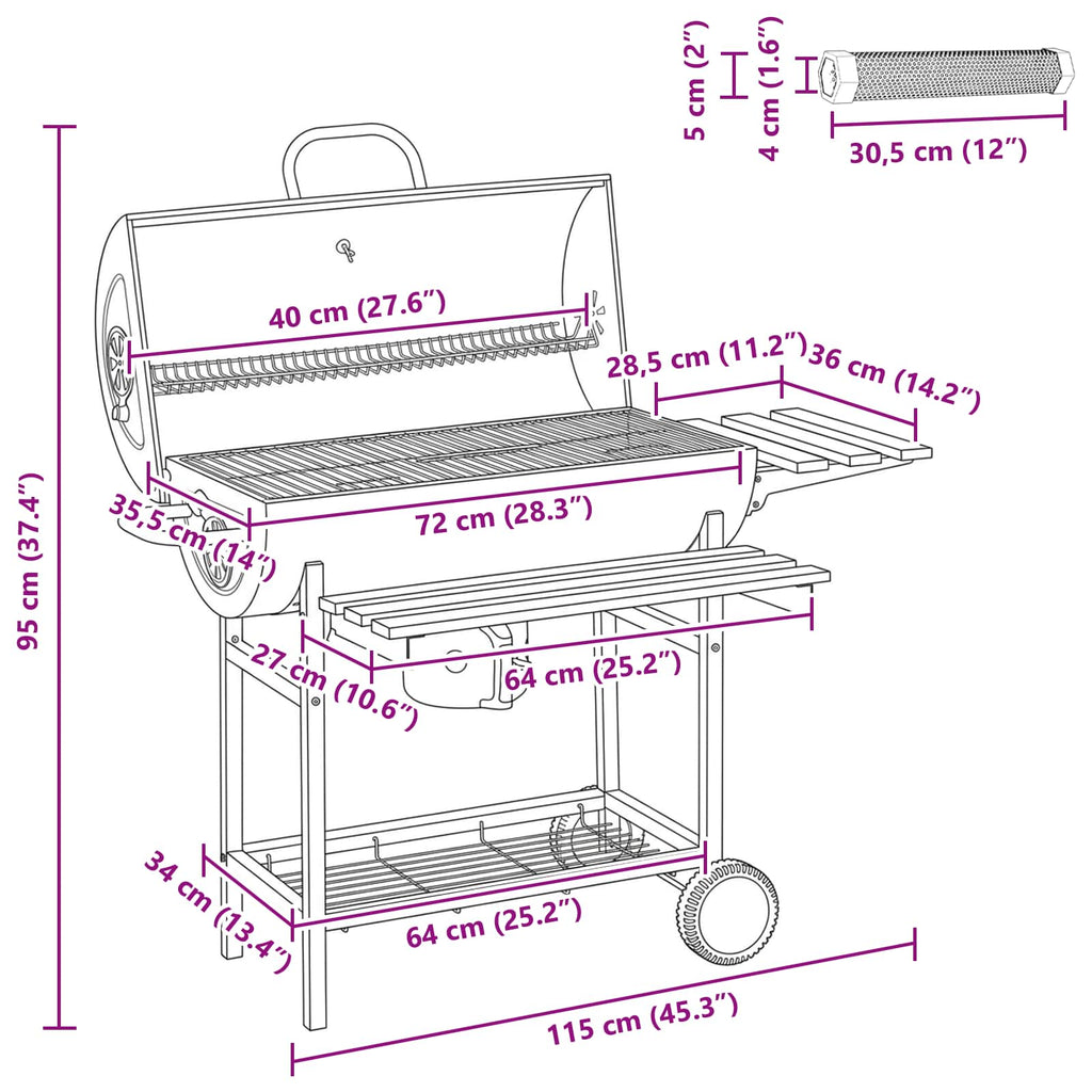 vidaXL Grill beczkowy na kółkach z półkami 3 pcs 115 x 85 x 95 cm