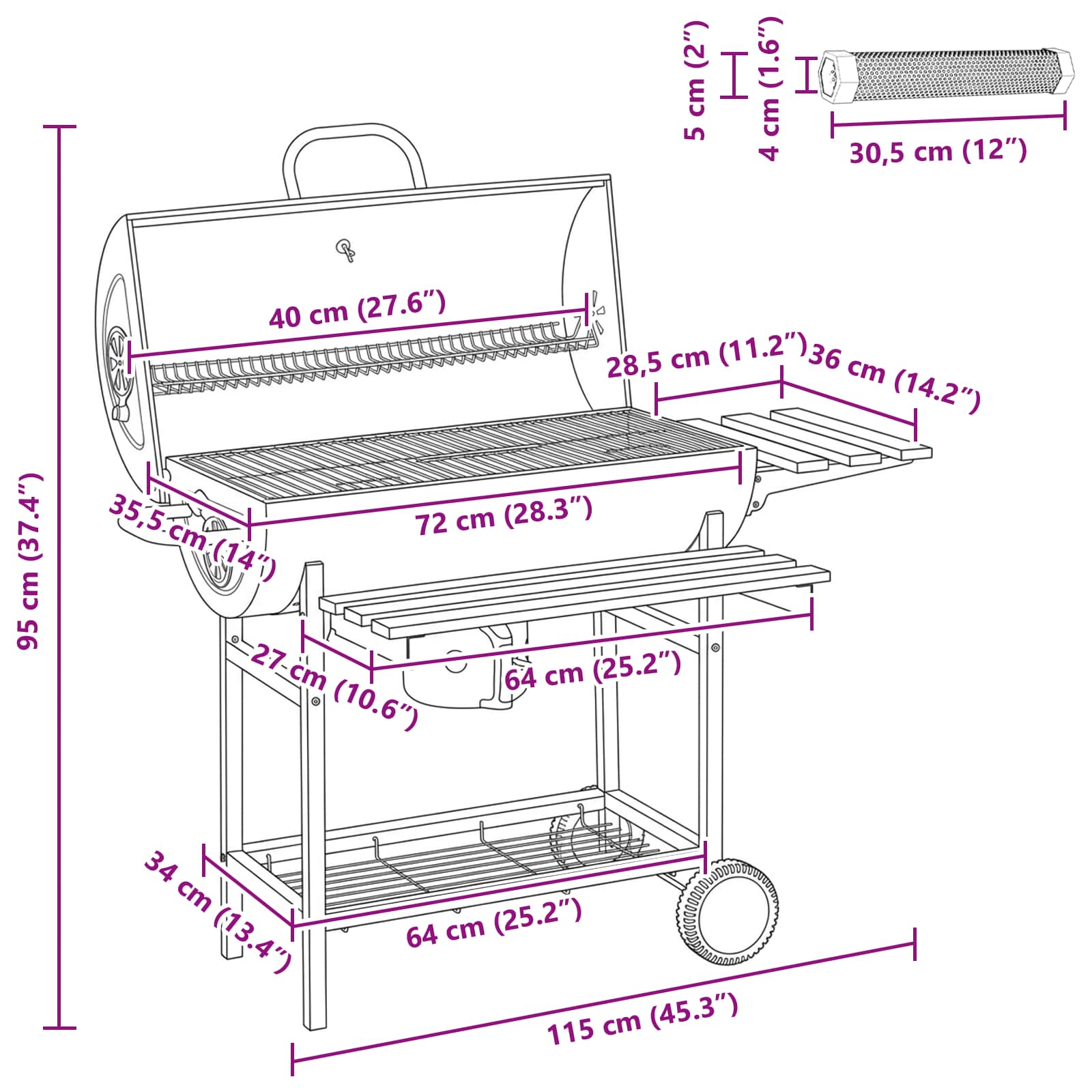 vidaXL Grill beczkowy na kółkach z półkami 3 pcs 115 x 85 x 95 cm