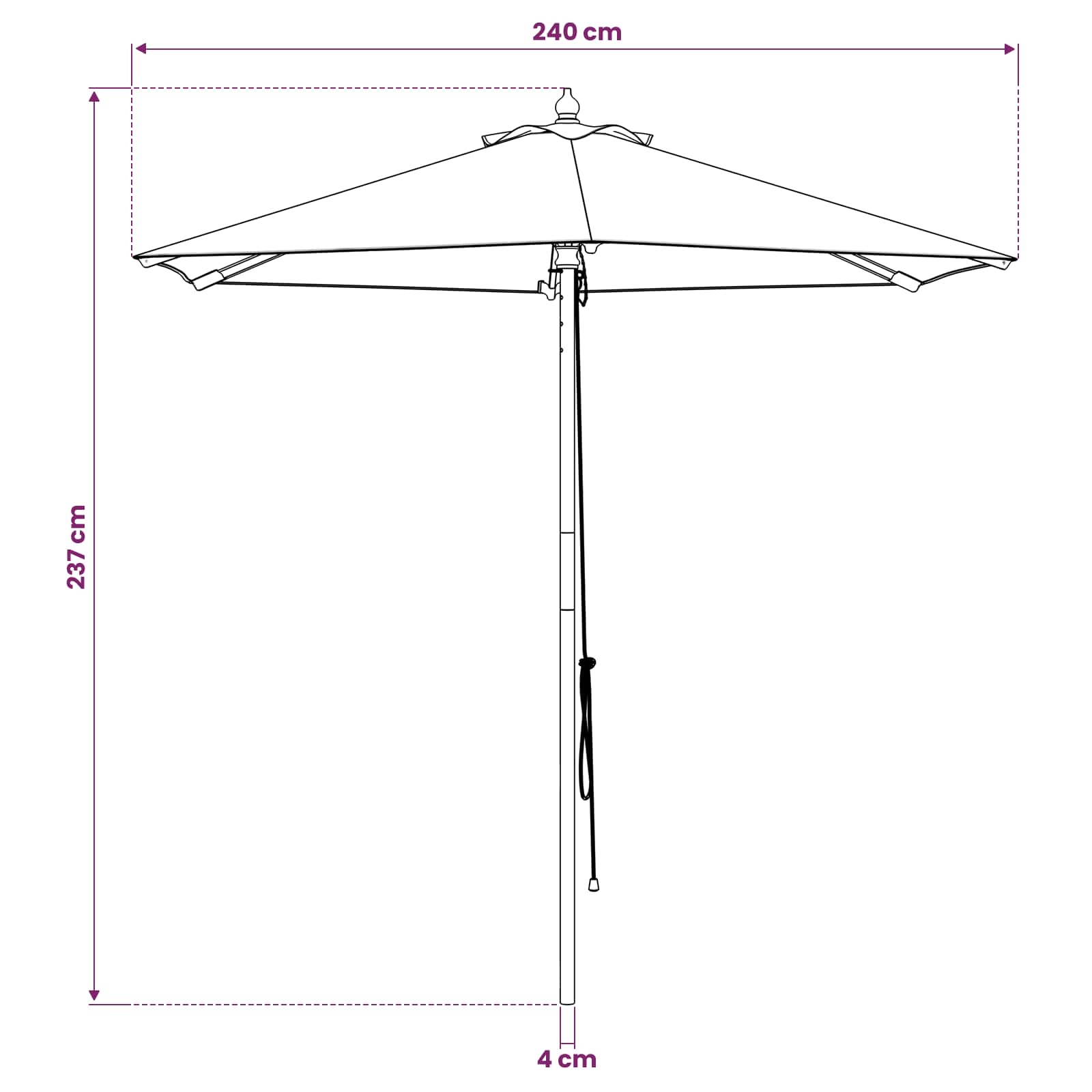 vidaXL Parasolka ogrodowa Ø 240 x 237 cm Lite Drewno Eukaliptusowe