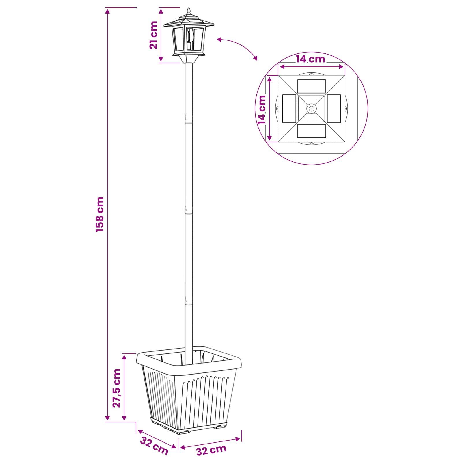 vidaXL Lampka solarna z donicą with LED Bulb Czarny 32 x 32 x 158 cm