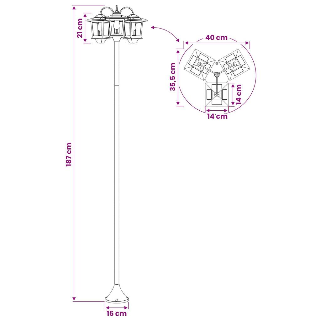 vidaXL Lampion z 3 głowicami Czarny 16 x 16 x 187 cm Aluminium i ABS