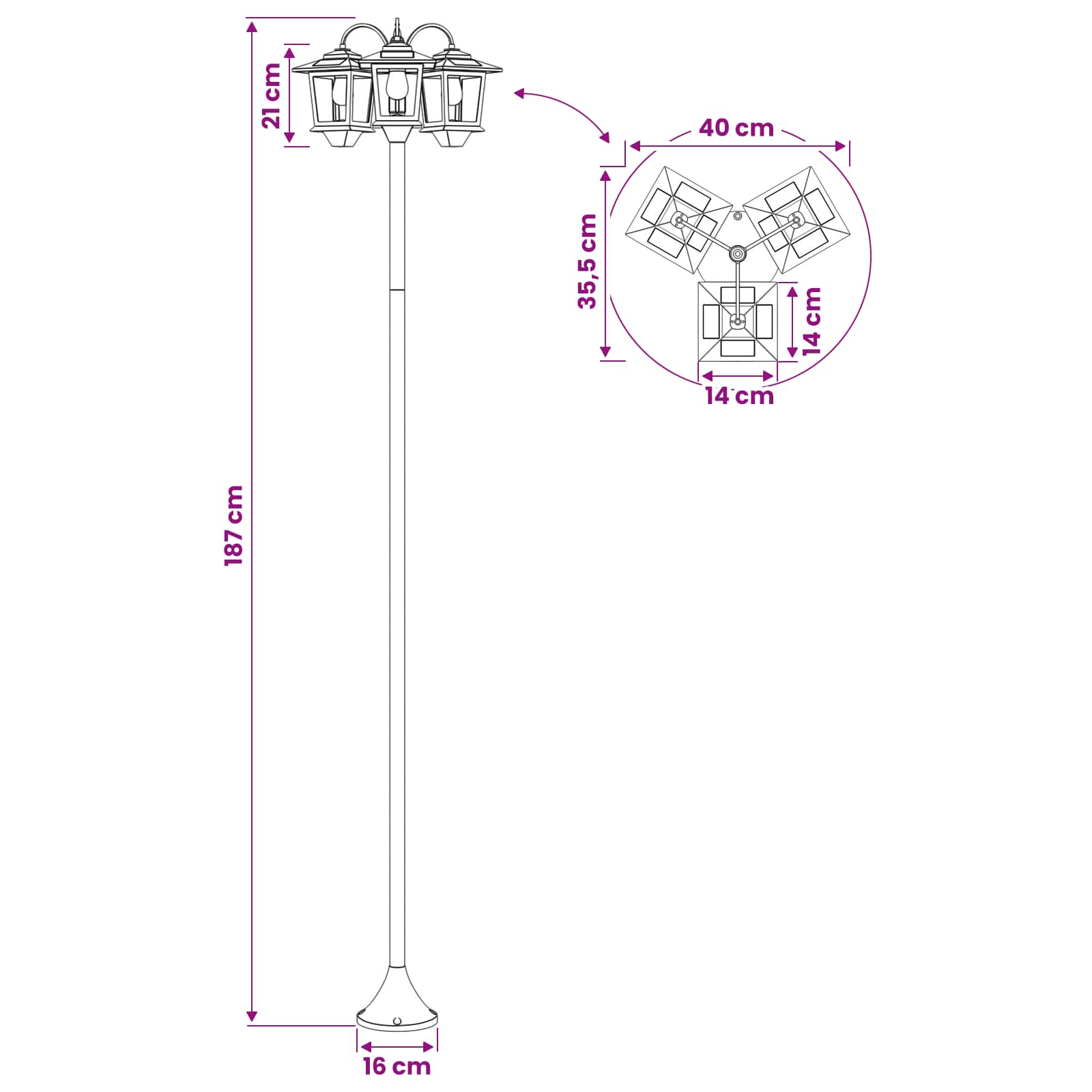 vidaXL Lampion z 3 głowicami Czarny 16 x 16 x 187 cm Aluminium i ABS