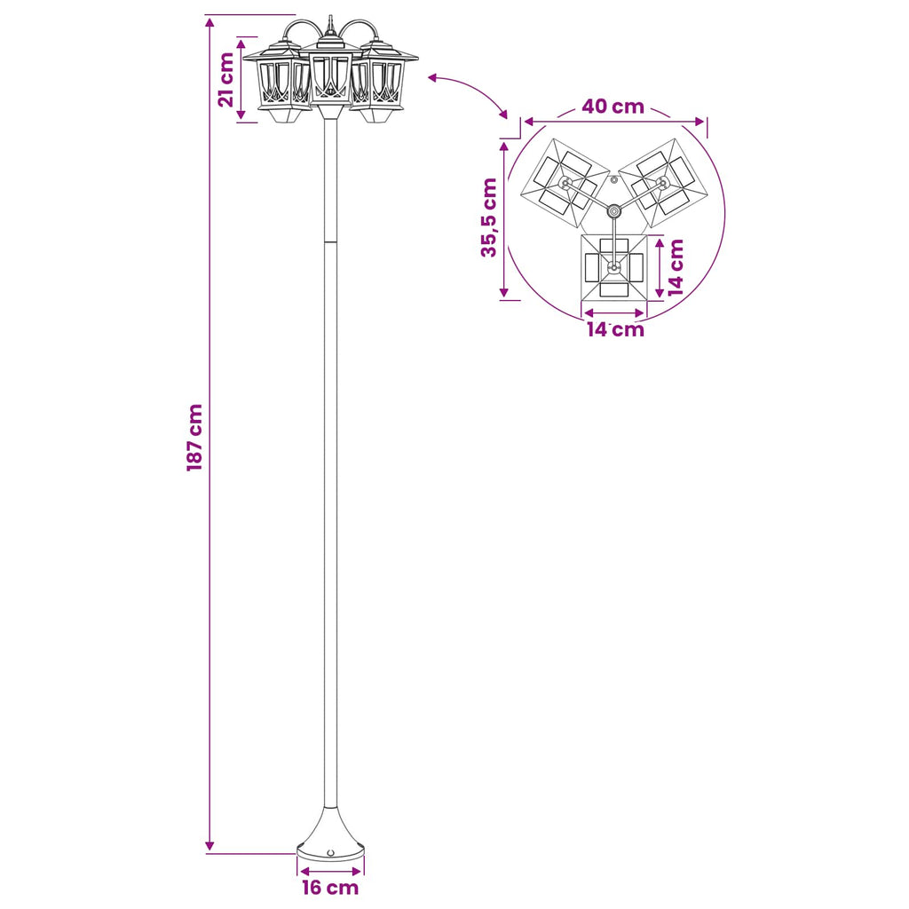 vidaXL Lampion z 3 głowicami Czarny 16 x 16 x 187 cm Aluminium i ABS