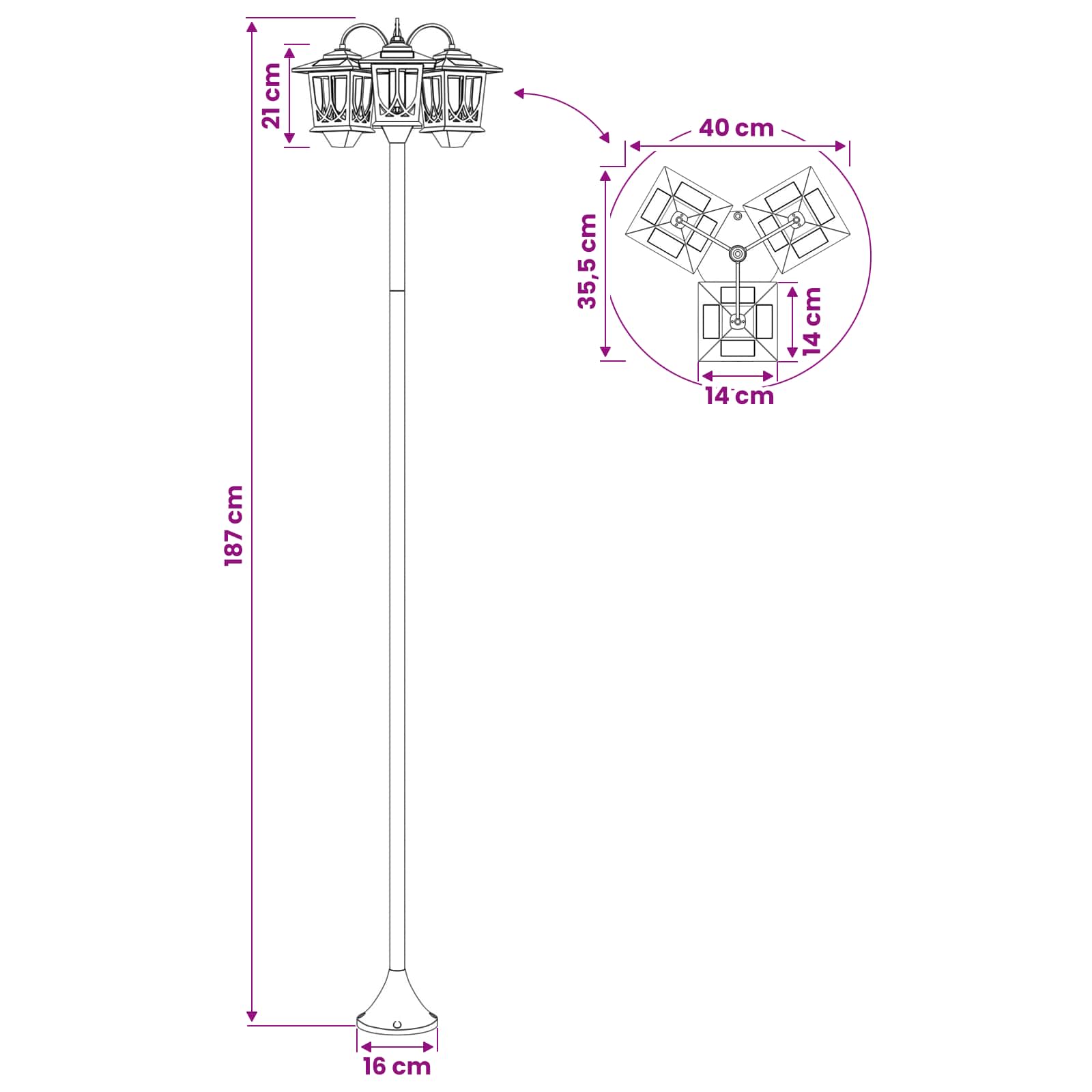 vidaXL Lampion z 3 głowicami Czarny 16 x 16 x 187 cm Aluminium i ABS
