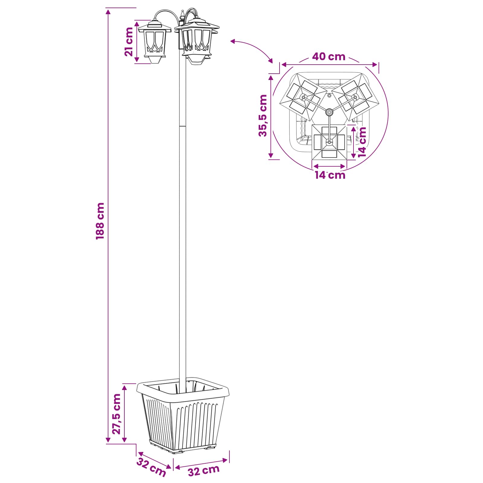 vidaXL Lampion z 3 głowicami Czarny 32 x 32 x 188 cm Aluminium i ABS