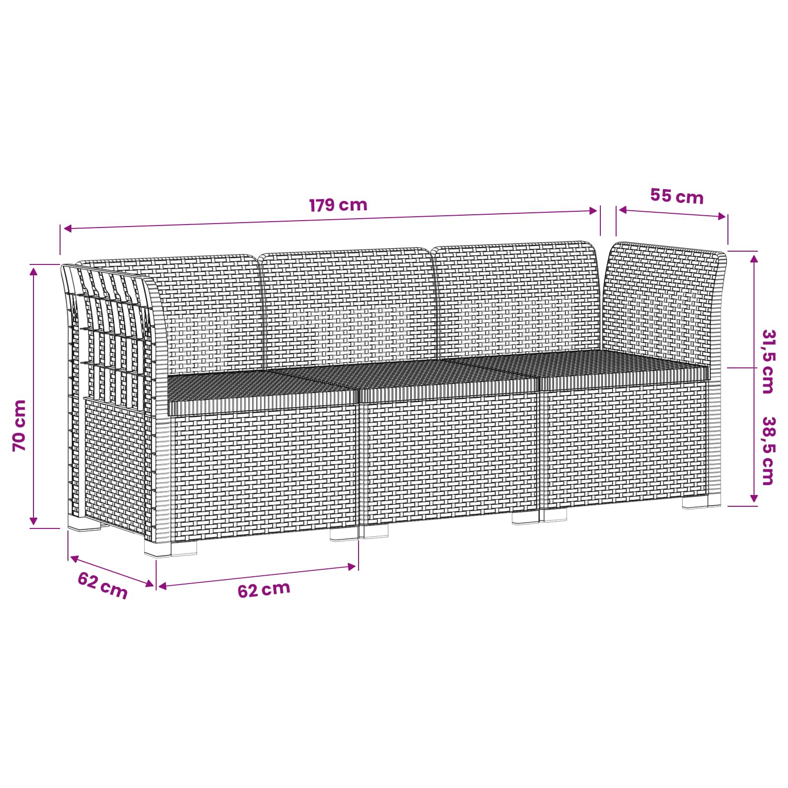 vidaXL Sofa Ogrodowa 3-osobowa Rattanowa PP jasnoszary