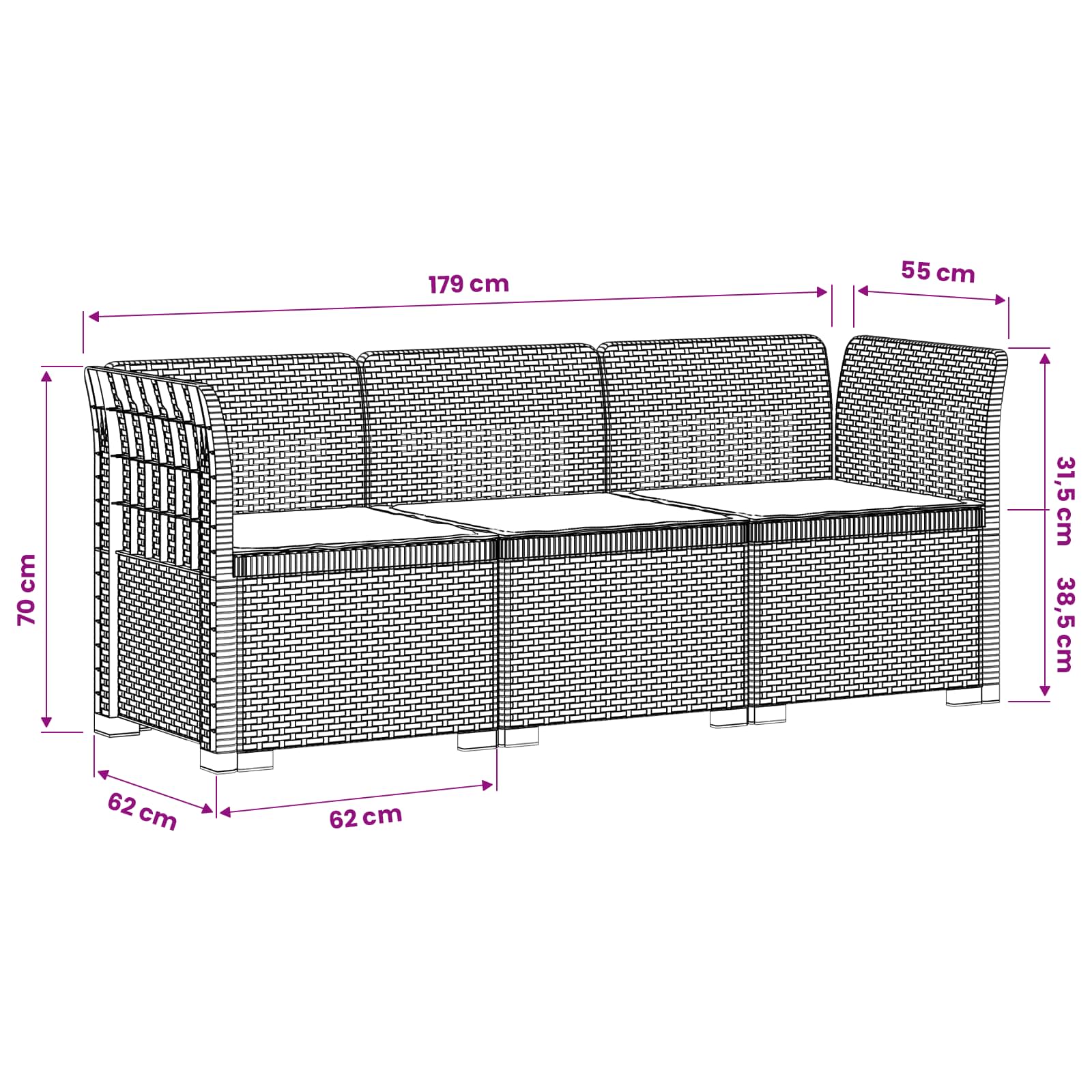 vidaXL Sofa ogrodowa 3-osobowa z poduszkami w rattanowym wyglądzie PP
