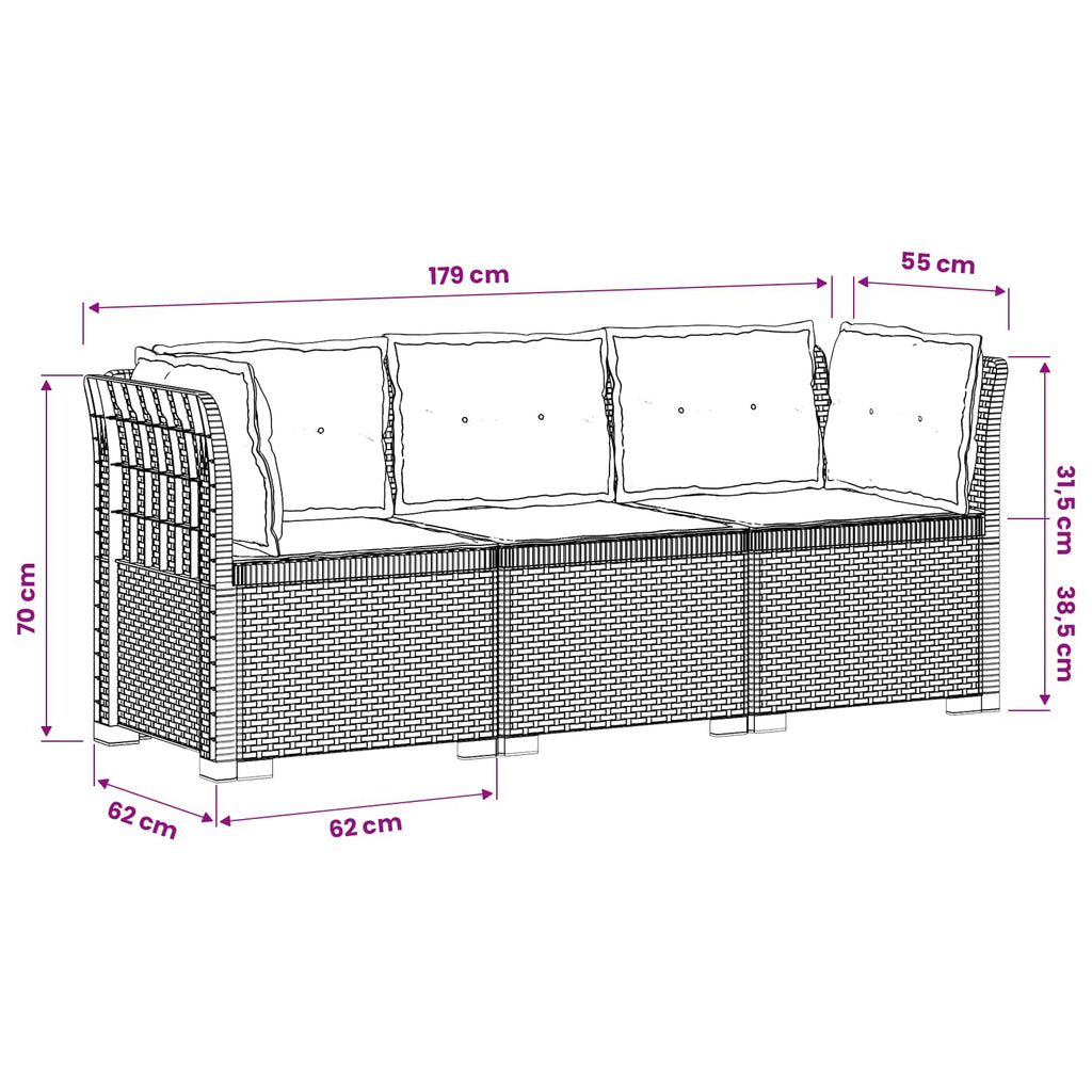 vidaXL Sofa ogrodowa 3-osobowa z poduszkami w rattanowym wyglądzie PP
