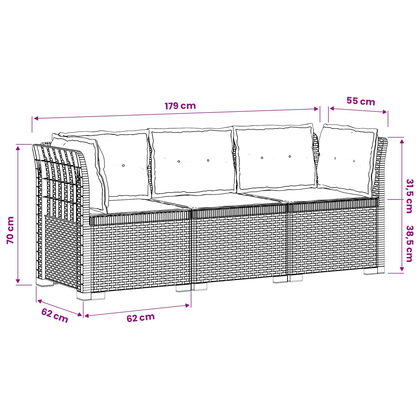 vidaXL Sofa ogrodowa 3-osobowa z poduszkami w rattanowym wyglądzie PP